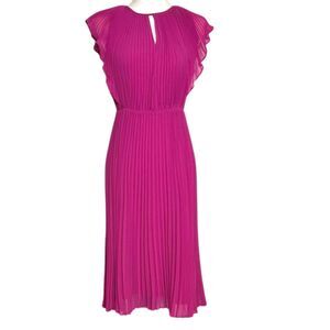 Ann Taylor Flutter Short Sleeve Accordion Pleated Chiffon Dress 2 Petite Pink